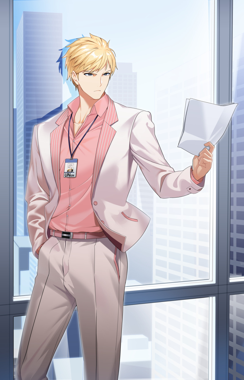 1boy against_glass against_window alternate_hair_color belt blonde_hair building business_suit city closed_mouth closers collared_shirt cowboy_shot dress_shirt grey_eyes hand_in_pocket hand_up highres holding holding_paper id_card j_(closers) jacket lanyard long_sleeves looking_ahead male_focus official_art open_clothes open_jacket pants paper pink_belt pink_shirt salaryman shirt shirt_tucked_in short_hair skyscraper solo standing suit suit_jacket v-shaped_eyebrows white_jacket white_pants window