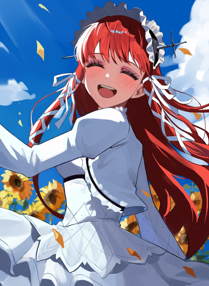 1girl blue_sky blush closed_eyes clouds cloudy_sky dress facing_to_the_side facing_viewer falling_petals flower frilled_hairband frills hair_ribbon hairband happy highres joowon_(jju_oon) juliet_sleeves long_hair long_sleeves open_mouth outdoors persona persona_3 petals puffy_sleeves redhead ribbon sidelocks sky smile solo sunflower teeth upper_body upper_teeth_only white_dress white_ribbon yoshino_chidori