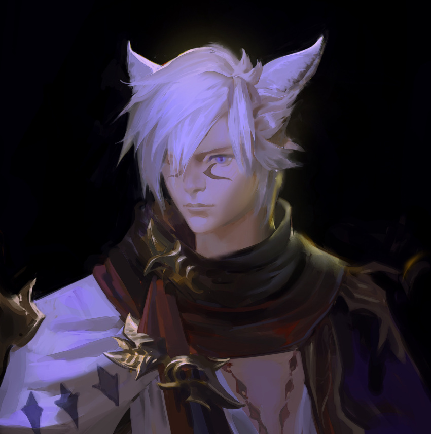 1boy absurdres animal_ears black_background blue_eyes cat_boy cat_ears closed_mouth commentary commission dark_background english_commentary facial_mark facial_tattoo faux_traditional_media final_fantasy final_fantasy_xiv hair_over_one_eye highres jewelry lips male_focus miqo'te scarf short_hair simple_background slit_pupils solo tattoo violet_eyes warrior_of_light_(ff14) white_hair yuming_li