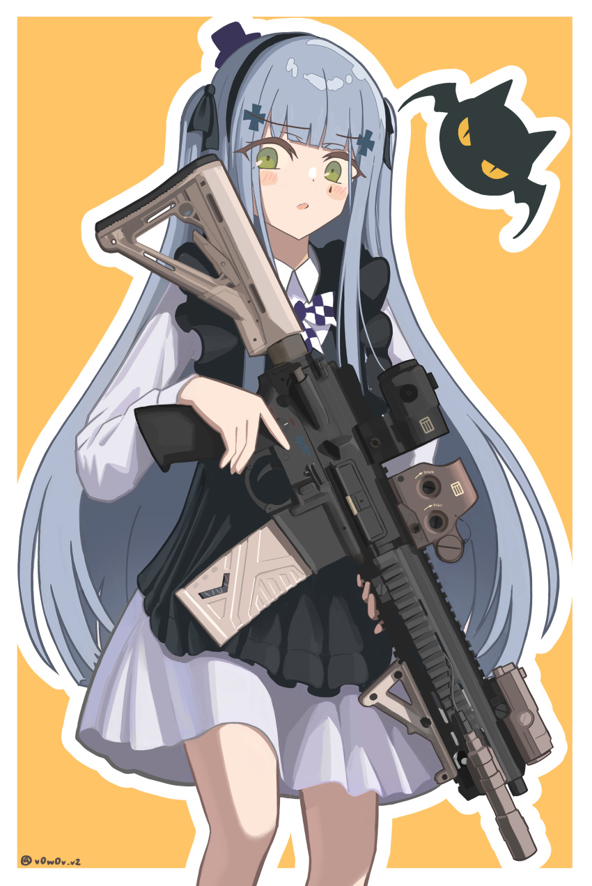 1girl absurdres apron assault_rifle black_apron black_hairband blue_hair blush_stickers bow bowtie checkered_bow checkered_bowtie checkered_clothes cowboy_shot cross_hair_ornament dress frilled_apron frills girls_frontline green_eyes gun h&amp;k_hk416 hair_ornament hairband hat highres hk416_(black_kitty's_gift)_(girls'_frontline) hk416_(girls'_frontline) holding holding_gun holding_weapon long_hair looking_at_viewer mini_hat mini_top_hat official_alternate_costume orange_background parted_lips purple_headwear rifle solo teardrop_facial_mark teardrop_tattoo top_hat trigger_discipline twitter_username two-tone_background v0w0v_v2 very_long_hair weapon white_dress