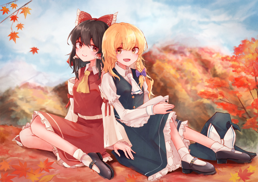 2girls apron ascot autumn_leaves black_footwear black_skirt black_vest blonde_hair blush bow braid brown_eyes brown_hair closed_mouth clouds cloudy_sky commentary_request day detached_sleeves frilled_bow frilled_hair_tubes frills hair_bow hair_tubes hakurei_reimu hat hat_bow highres kirisame_marisa leaf leaning_on_person long_hair long_sleeves maple_leaf mary_janes multiple_girls no_headwear open_mouth outdoors red_bow red_skirt shoes side_braid single_braid sitting skirt skirt_set sky smile socks taguno touhou unworn_headwear vest waist_apron white_ascot white_bow white_socks witch_hat yellow_ascot yellow_eyes