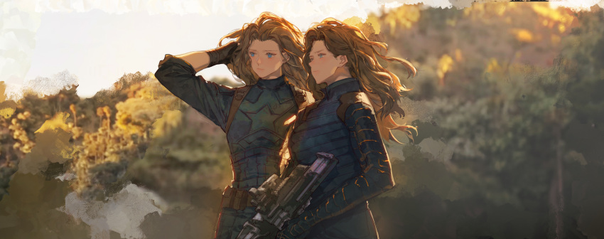 2girls absurdres adjusting_hair arm_up black_gloves blue_coat blue_eyes blurry blurry_background breasts brown_hair closed_mouth coat day forest gloves green_coat gun highres holding holding_gun holding_weapon large_breasts long_hair long_sleeves military_uniform multiple_girls nature original outdoors photo_background rifle standing star_(symbol) sunlight tree uniform upper_body weapon youlili