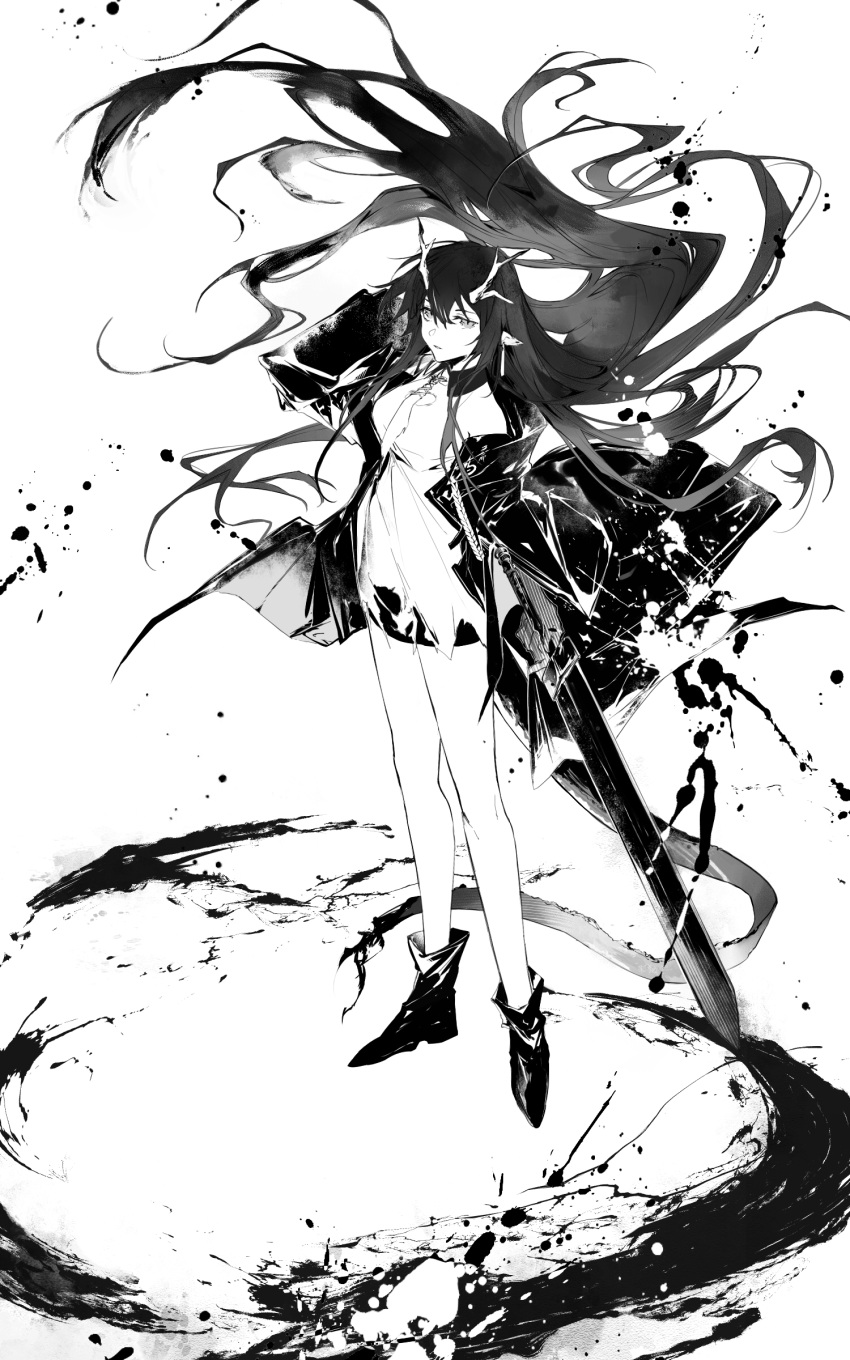 1girl absurdres arknights black_hair breasts cheonyeon-hi dragon_girl dragon_horns dragon_tail dusk_(arknights) earrings hair_over_one_eye highres holding holding_sword holding_weapon horns ink jewelry long_hair looking_at_viewer monochrome multicolored_hair necktie pointy_ears shoes sleeveless solo streaked_hair sword tail very_long_hair weapon