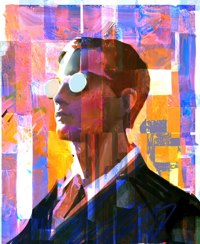 1boy abstract absurdres art_study black_necktie border brown_hair closed_mouth collared_shirt colorful commentary english_commentary faux_traditional_media formal from_side glasses highres lips long_hair looking_up male_focus multicolored_background necktie original portrait profile shirt short_hair solo suit white_border white_shirt wing_collar yuming_li