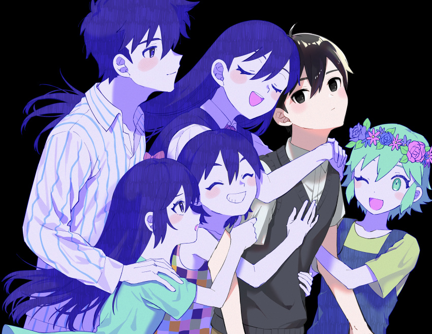 2girls 4boys antenna_hair aqua_eyes aqua_hair aqua_shirt aubrey_(headspace)_(omori) aubrey_(omori) basil_(headspace)_(omori) basil_(omori) black_background black_eyes black_hair black_sweater_vest blush bow brother_and_sister brothers checkered_clothes checkered_shirt closed_eyes closed_mouth collared_shirt expressionless grin hair_between_eyes hair_bow hand_on_another's_shoulder hands_on_another's_shoulders head_wreath hero_(headspace)_(omori) hero_(omori) highres kel_(headspace)_(omori) kel_(omori) long_hair long_sleeves mari_(headspace)_(omori) mari_(omori) multiple_boys multiple_girls omori one_eye_closed open_mouth pajamas pink_bow purple_hair purple_sweater_vest shirt short_hair short_sleeves siblings sleeveless smile striped_clothes striped_pajamas striped_shirt sweater_vest tank_top teeth tio_zomi upper_teeth_only vertical-striped_clothes vertical-striped_pajamas vertical-striped_shirt violet_eyes