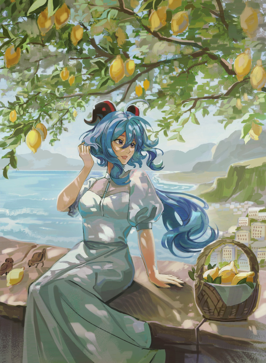 1girl absurdres alternate_costume arm_support basket bird blue_hair breasts casual city day food fruit ganyu_(genshin_impact) genshin_impact goat_horns grey_skirt hair_between_eyes hand_up highres horns lankie lemon long_hair long_skirt looking_to_the_side medium_breasts mountainous_horizon ocean on_railing outdoors parted_lips puffy_short_sleeves puffy_sleeves railing shirt short_sleeves sidelocks sitting skirt solo tree tree_shade white_shirt wind