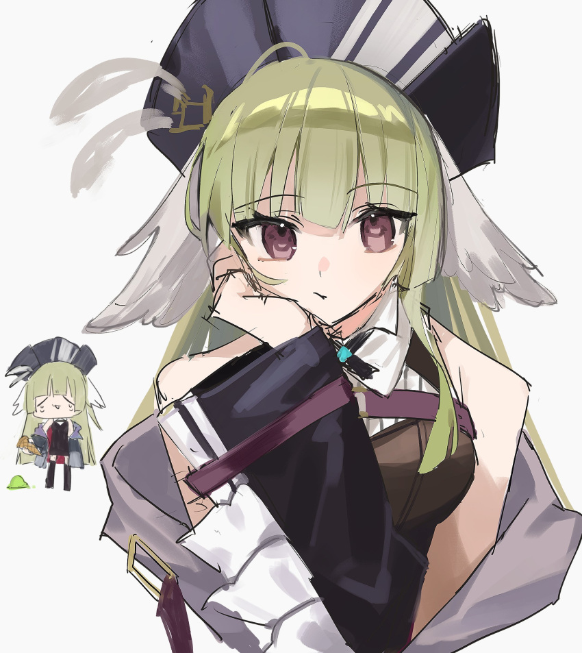 1girl absurdres arknights bird_girl black_jacket blue_headwear breasts brown_eyes chibi chibi_inset collared_shirt green_hair hand_on_own_cheek hand_on_own_face hat hat_feather head_wings highres jacket long_hair long_sleeves looking_at_viewer medium_breasts mokuro3m multiple_views off_shoulder open_clothes open_jacket poncirus_(arknights) shirt sidelocks simple_background sleeveless sleeveless_shirt straight-on upper_body white_background white_shirt wings