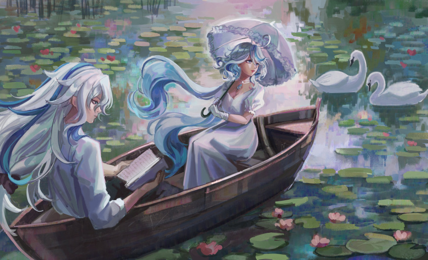1boy 1girl absurdres bead_choker bird blue_eyes blue_gemstone blue_hair breasts canoe dress floating_hair furina_(genshin_impact) gem genshin_impact gloves highres holding holding_umbrella juliet_sleeves lake lankie lily_pad long_sleeves looking_to_the_side medium_breasts multicolored_hair neuvillette_(genshin_impact) outdoors parted_lips puffy_sleeves reading shirt streaked_hair swan two-tone_hair umbrella water_lily_flower white_dress white_gloves white_hair white_shirt white_umbrella