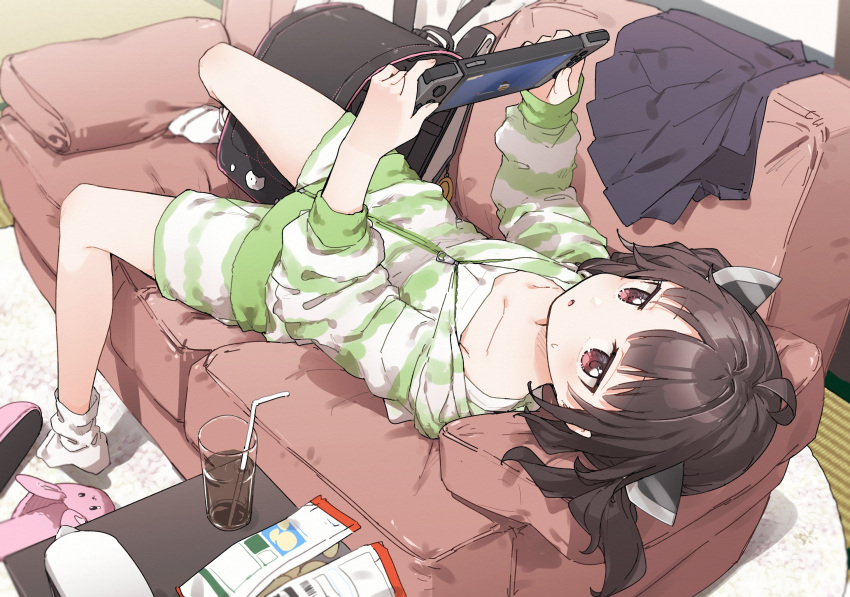 1girl bag bag_of_chips blush brown_hair collarbone couch drink drinking_straw handheld_game_console headgear highres holding holding_handheld_game_console indoors long_sleeves nintendo_switch open_mouth playing_games red_eyes short_hair slippers socks solo tatami touhoku_kiritan voiceroid white_socks yukie_(kusaka_shi)