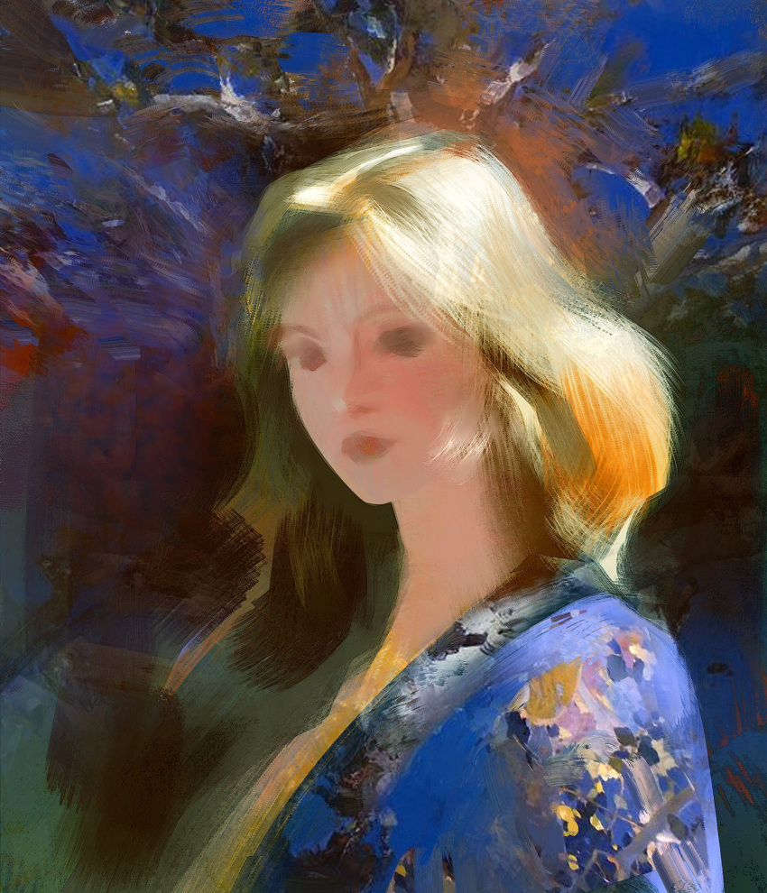 1girl abstract art_study blonde_hair blue_kimono blush closed_mouth commentary dappled_sunlight english_commentary faux_traditional_media from_side highres japanese_clothes kimono lips long_hair looking_at_viewer original outdoors portrait short_hair solo sunlight tree yuming_li