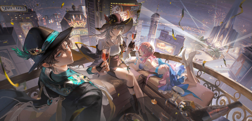 1boy 2girls :d absurdres alternate_costume aqua_eyes backless_dress backless_outfit balcony bare_shoulders billboard black_footwear black_gloves black_hair black_headwear black_jacket black_skirt blue_eyes bottle building burger candle cityscape closed_mouth commentary_request confetti cup dan_heng_(honkai:_star_rail) dress drinking_glass earrings expressionless fedora fingerless_gloves fireworks food fruit glass_table gloves grapes green_ribbon grey_hair hat hat_feather high-waist_skirt high_heels highres holding holding_cup honkai:_star_rail honkai_(series) ice ice_cube jacket jewelry lemon lemon_slice lemonade long_hair long_sleeves looking_at_viewer looking_back lying march_7th_(honkai:_star_rail) multiple_girls night on_stomach orange_eyes outdoors palm_tree pink_eyes pink_hair pizza railing ribbon robin_(honkai:_star_rail) short_hair sitting skirt skyscraper smile stelle_(honkai:_star_rail) table trailblazer_(honkai:_star_rail) tree two-tone_eyes white_dress white_footwear yunmaojan