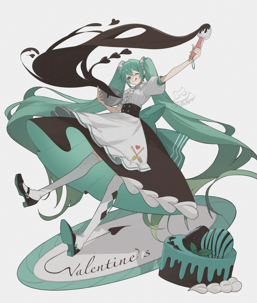 1girl :p absurdres apron aqua_bow aqua_eyes aqua_hair arms_up artist_name black_skirt bow bow_skirt bowl cake center_frills chocolate collared_shirt commentary_request food frills hatsune_miku high-waist_skirt highres holding holding_bowl holding_utensil large_bow long_hair looking_at_viewer maid mary_janes one_eye_closed plate puffy_short_sleeves puffy_sleeves shirt shoes short_sleeves signature simple_background skirt solo thigh-highs tongue tongue_out twintails very_long_hair vocaloid waist_apron whisk white_apron white_background white_shirt white_thighhighs yukihira_makoto
