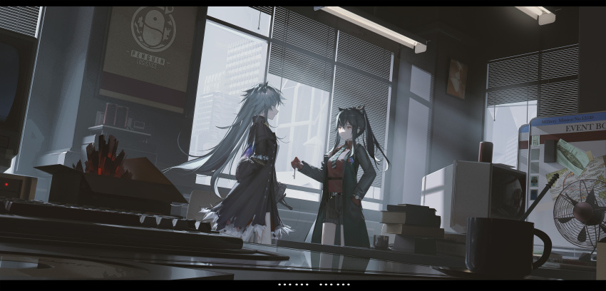 2girls absurdres animal_ears arknights belt black_belt black_coat black_gloves black_hair black_necktie black_shorts boboyo book buttons chinese_commentary closed_mouth coat collared_shirt commentary_request cup electric_fan expressionless gloves grey_eyes grey_hair hair_between_eyes hand_in_pocket highres holding indoors keyboard_(computer) lappland_(arknights) letterboxed long_hair long_sleeves looking_at_another mug multiple_girls necktie office official_alternate_costume open_clothes open_coat orange_eyes penguin_logistics_logo ponytail profile red_gloves red_shirt shirt shorts sidelocks smile standing table texas_(arknights) texas_(willpower)_(arknights) watch watch window wolf_ears wolf_girl
