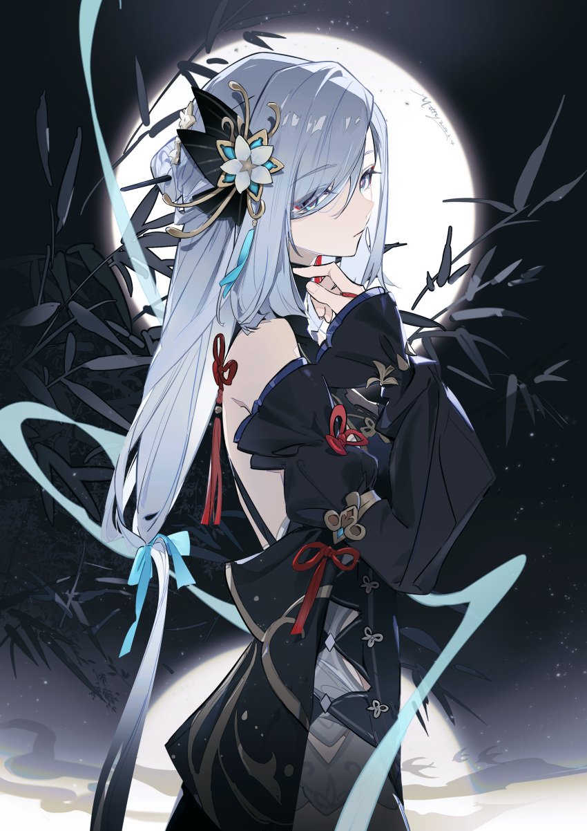 1girl absurdres bird black_dress black_sleeves blue_eyes blue_ribbon closed_mouth commentary_request cowboy_shot dated detached_sleeves dress expressionless from_side full_moon genshin_impact grey_hair highres long_hair looking_at_viewer low-tied_long_hair moon night official_alternate_costume ribbon shenhe_(frostflower_dew)_(genshin_impact) shenhe_(genshin_impact) shiliudoudou568 signature sleeveless sleeveless_dress solo