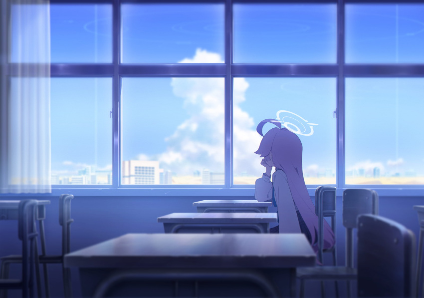 1girl blue_archive blurry chair classroom clouds cumulonimbus_cloud curtains depth_of_field desert desk elbow_on_table elbow_rest facing_away from_side game_cg halo hand_on_own_chin head_rest highres hoshino_(blue_archive) indoors long_hair long_sleeves looking_outside non-web_source official_art on_chair pink_hair puffy_long_sleeves puffy_sleeves school_chair school_desk shirt sitting solo very_long_hair white_shirt window