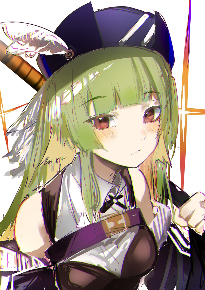 1girl arknights bird_girl black_corset black_jacket black_ribbon blue_headwear blunt_bangs blush closed_mouth collared_shirt corset green_hair hamaguri-san_(hamagur69200744) hammer hat head_wings highres holding holding_weapon jacket looking_at_viewer neck_ribbon off_shoulder open_clothes open_jacket poncirus_(arknights) red_eyes ribbon shirt sidelocks simple_background sketch sleeveless sleeveless_shirt solo sparkle upper_body weapon white_background white_shirt wings