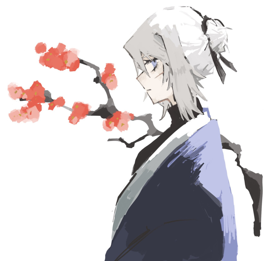 1girl black_kimono black_ribbon blue_eyes branch closed_mouth enaxtro faust_(project_moon) flower hair_bun highres japanese_clothes kimono limbus_company looking_at_viewer plum_blossoms project_moon ribbon simple_background solo upper_body white_background