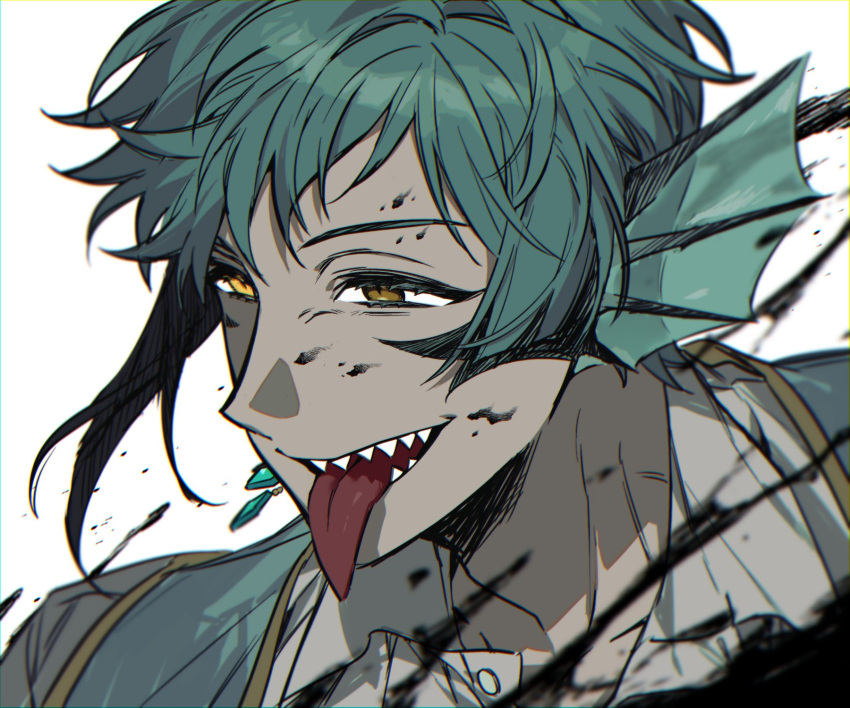 1boy aqua_hair brown_eyes collared_shirt colored_skin fins fish_boy floyd_leech grey_shirt grey_skin head_fins heterochromia highres kitsune_(ly_howe) looking_to_the_side male_focus monster_boy open_mouth portrait sharp_teeth shirt short_hair simple_background solo teeth tongue tongue_out twisted_wonderland white_background yellow_eyes