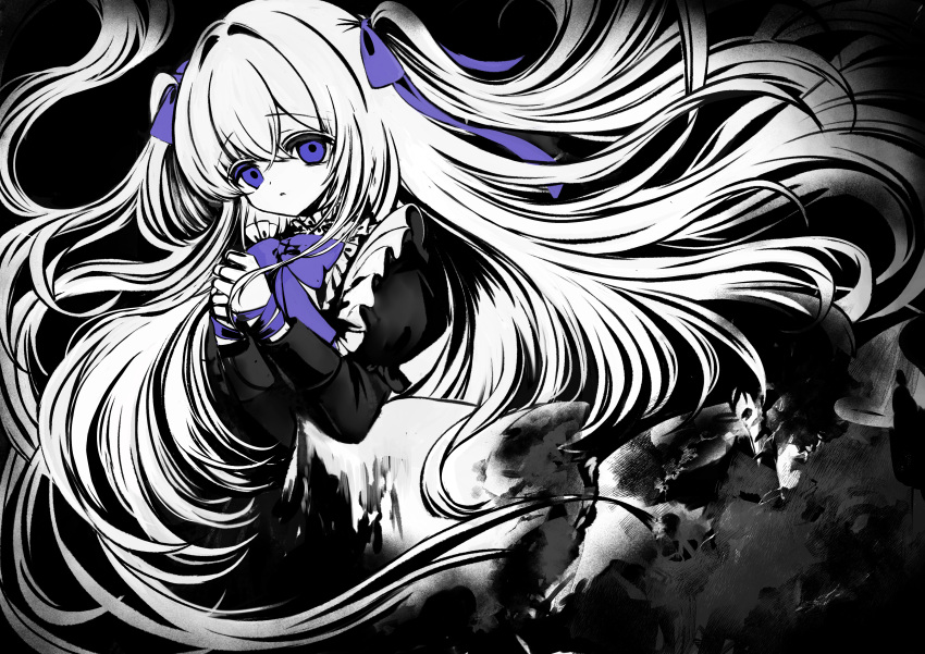1girl absurdres blue_bow blue_bowtie blue_eyes blue_ribbon bound bound_wrists bow bowtie commentary_request crossed_bangs dress floating_hair greyscale hair_intakes hair_ribbon highres juliet_sleeves long_hair long_sleeves monochrome original own_hands_together parted_lips puffy_sleeves raiyo_(pixiv16261673) ribbon sleeves_past_elbows solo spot_color straight_hair tareme two_side_up upper_body very_long_hair