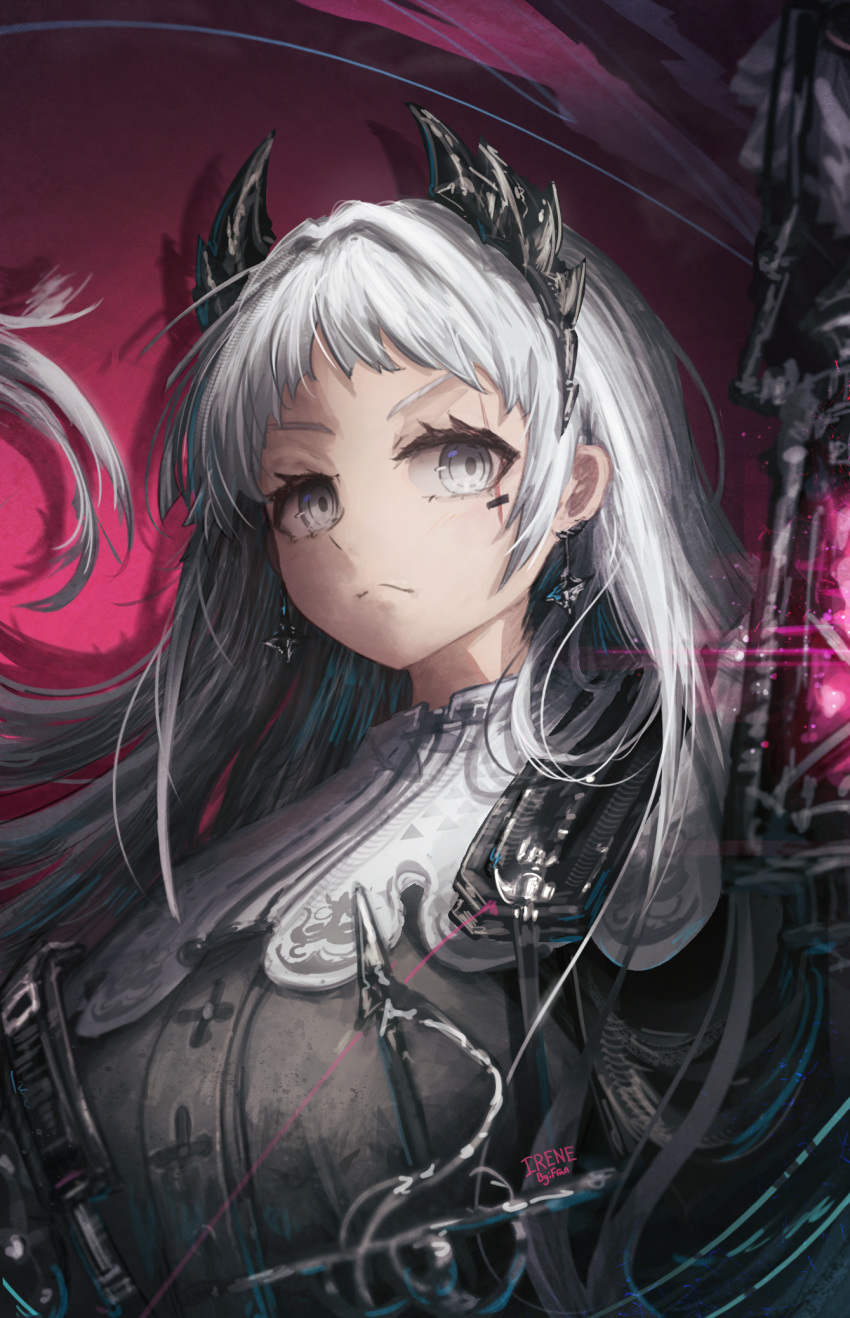 1girl arknights bird_girl black_shirt breasts closed_mouth earrings floating_hair forehead franlol frown glowing grey_hair head_wings highres holding holding_lantern irene_(arknights) jewelry lantern large_breasts long_hair looking_at_viewer red_background scar scar_across_eye shadow shirt short_bangs simple_background solo upper_body v-shaped_eyebrows wings
