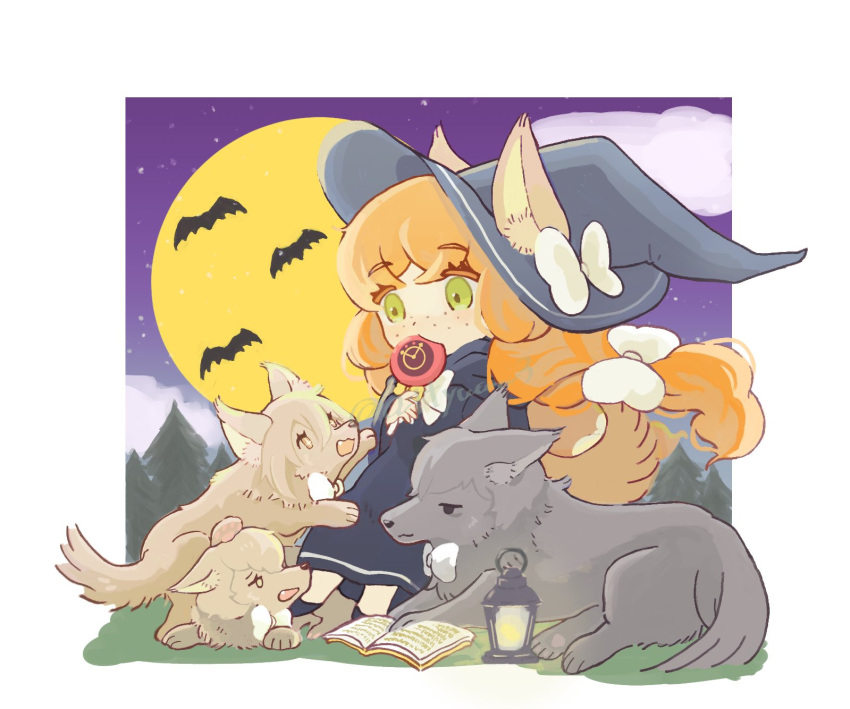 1girl animal_ears animalization asage_(attyuuu3) bat_(animal) black_cape black_dress bow braid cape clouds don_quixote_(project_moon) dress forest hair_bow hat hat_bow highres ishmael_(project_moon) lantern limbus_company long_hair nature orange_hair project_moon simple_background sinclair_(project_moon) sitting solo tail very_long_hair white_background white_bow wolf wolf_ears wolf_tail yi_sang_(project_moon)