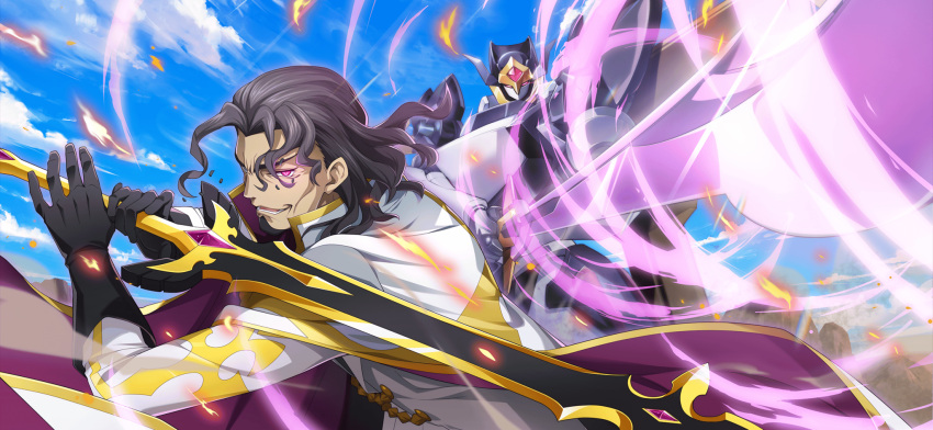 1boy artist_request aura bangs_pinned_back bismarck_waldstein black_gloves blue_sky cape clouds code_geass code_geass:_lost_stories day embers facial_hair fighting_stance forehead galahad_(code_geass) game_cg geass gem gloves glowing glowing_eyes goatee grey_eyes grey_hair happy heterochromia highres holding holding_sword holding_weapon jacket leaning_forward long_sleeves male_focus mecha military_uniform non-web_source official_art open_mouth outdoors pink_eyes purple_gemstone red_gemstone robot short_hair sky smile solo standing sword teeth two-handed two-sided_cape two-sided_fabric uniform weapon white_cape white_jacket