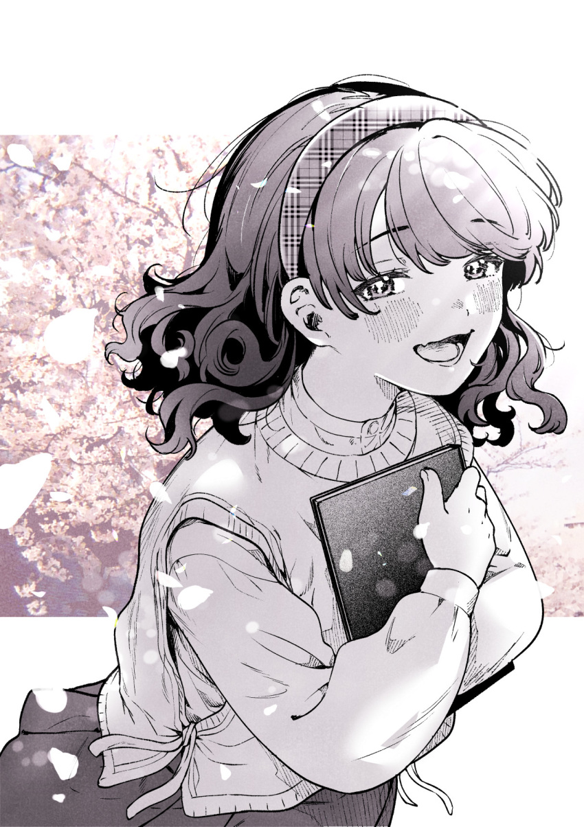 1girl blush book commentary_request fang fukumaru_koito greyscale hair_down hairband highres holding holding_book hugging_book hugging_object idolmaster idolmaster_shiny_colors long_hair long_sleeves looking_at_viewer monochrome o_yasa_inu open_mouth petals plaid_hairband skin_fang solo sweater_vest swept_bangs upper_body
