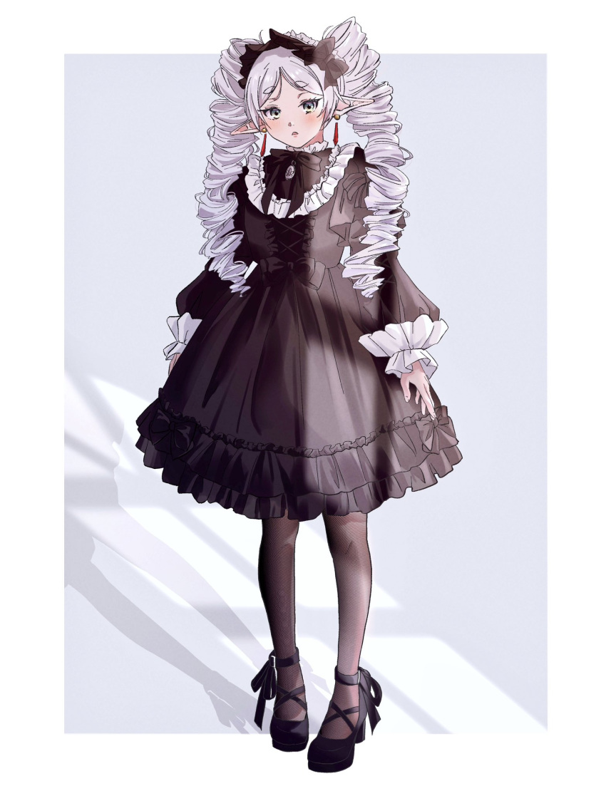 1girl :o alternate_costume black_bow black_bowtie black_dress black_footwear bow bowtie brown_pantyhose cross-laced_clothes cross-laced_dress cross-laced_sleeves dress drill_hair earrings elf frieren frilled_hairband frills full_body gothic_lolita grey_background grey_hair hair_bow hair_over_shoulder hairband highres jewelry lolita_fashion long_hair long_sleeves looking_at_viewer official_alternate_hairstyle omichi_1219 outside_border pantyhose pendant pointy_ears puffy_long_sleeves puffy_sleeves shoes short_dress short_eyebrows solo sousou_no_frieren standing twin_drills twintails white_hair