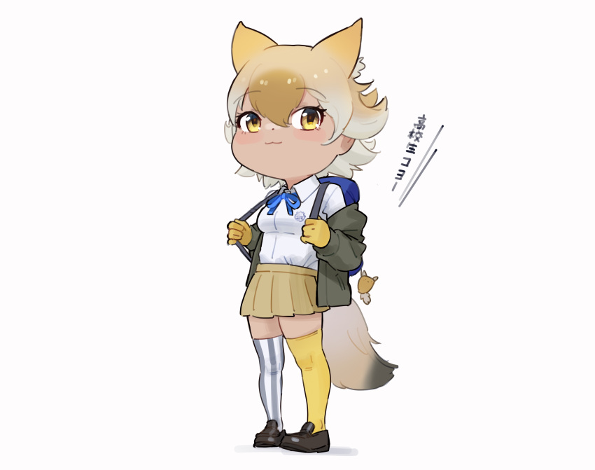 1girl :3 absurdres adapted_costume animal_ears asymmetrical_legwear backpack bag bag_charm beleven black_jacket black_thighhighs blonde_hair blue_bow blue_bowtie blush bow bowtie brown_skirt charm_(object) collared_shirt coyopotato coyote_(kemono_friends) extra_ears gloves hair_between_eyes highres jacket kemono_friends kemono_friends_v_project light_brown_hair long_sleeves multicolored_hair pleated_skirt shirt short_hair sidelocks skirt solo striped_clothes striped_thighhighs t-shirt tail thigh-highs translation_request two-tone_thighhighs vertical-striped_clothes vertical-striped_thighhighs virtual_youtuber white_hair white_shirt white_thighhighs wolf_ears wolf_girl wolf_tail yellow_eyes yellow_gloves yellow_thighhighs zettai_ryouiki