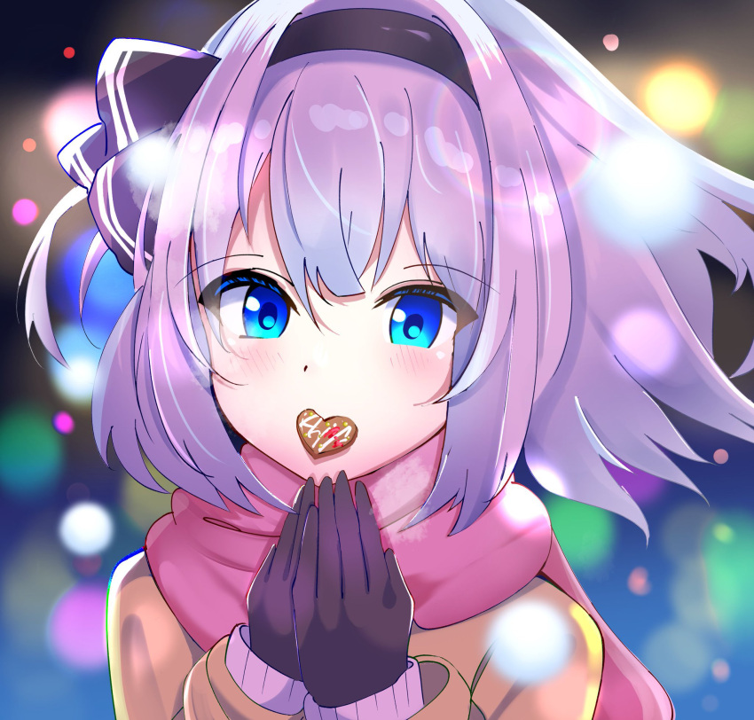 1girl alternate_costume black_gloves black_hairband black_ribbon blue_eyes blurry blurry_background blush candy chocolate close-up colored_eyelashes commentary eyes_visible_through_hair floating_hair food food_in_mouth gloves grey_hair hair_between_eyes hair_ribbon hairband hands_up heart heart-shaped_chocolate highres konpaku_youmu kyuu_cat light_particles long_sleeves looking_at_viewer own_hands_together pink_scarf ribbon scarf short_hair snowing solo touhou valentine winter winter_clothes