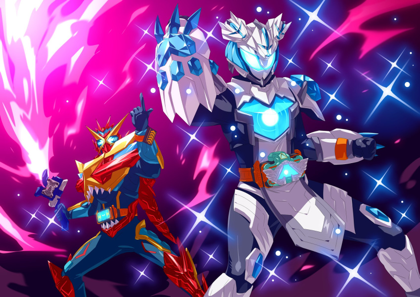 1boy 1girl alchemisdriver alternate_costume armor blue_background blue_bodysuit blue_eyes blue_gloves bodysuit cerberus claw_(weapon) claws clenched_hand clenched_hands commentary commentary_request compound_eyes contrapposto crystal driver_(kamen_rider) fire foreshortening forest gloves glowing glowing_eyes gotcha_driver gotchardcalibur highres holding holding_sword holding_weapon ice jewelry kamen_rider kamen_rider_gotchard kamen_rider_gotchard_(series) kamen_rider_majade lightning_bolt_print looking_at_viewer male_focus moon mooncerberus nature neminemoon official_alternate_costume open_hands otokamu outdoors power_armor red_armor rider_belt ring sharp_teeth solo sunlight sword teeth thighs tokusatsu weapon white_armor x-rex x_mark yoacerberus