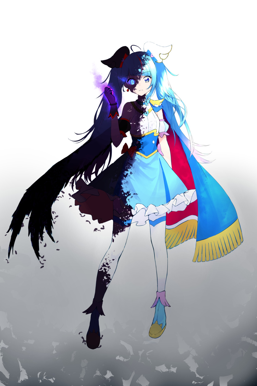 1girl absurdres ahoge black_hair blue_cape blue_hair blue_skirt cape corruption cure_sky dark_cure_sky dark_persona detached_sleeves fingerless_gloves flaming_eye frilled_skirt frills full_body gloves grim_jisoo highres hirogaru_sky!_precure long_hair magical_girl pantyhose precure puffy_sleeves red_cape shirt single_wing skirt solo sora_harewataru split_theme twintails two-sided_cape two-sided_fabric white_pantyhose white_shirt wing_hair_ornament wings