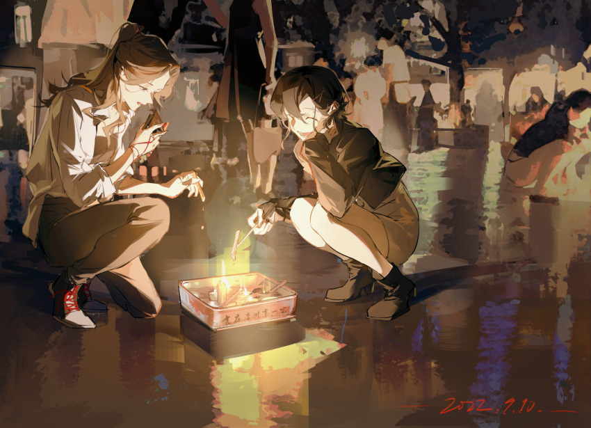 3girls :d ^_^ absurdres black_hair brown_hair candle chinese_commentary closed_eyes highres kneeling long_hair multiple_girls nemuiz open_mouth original ponytail short_hair smile squatting
