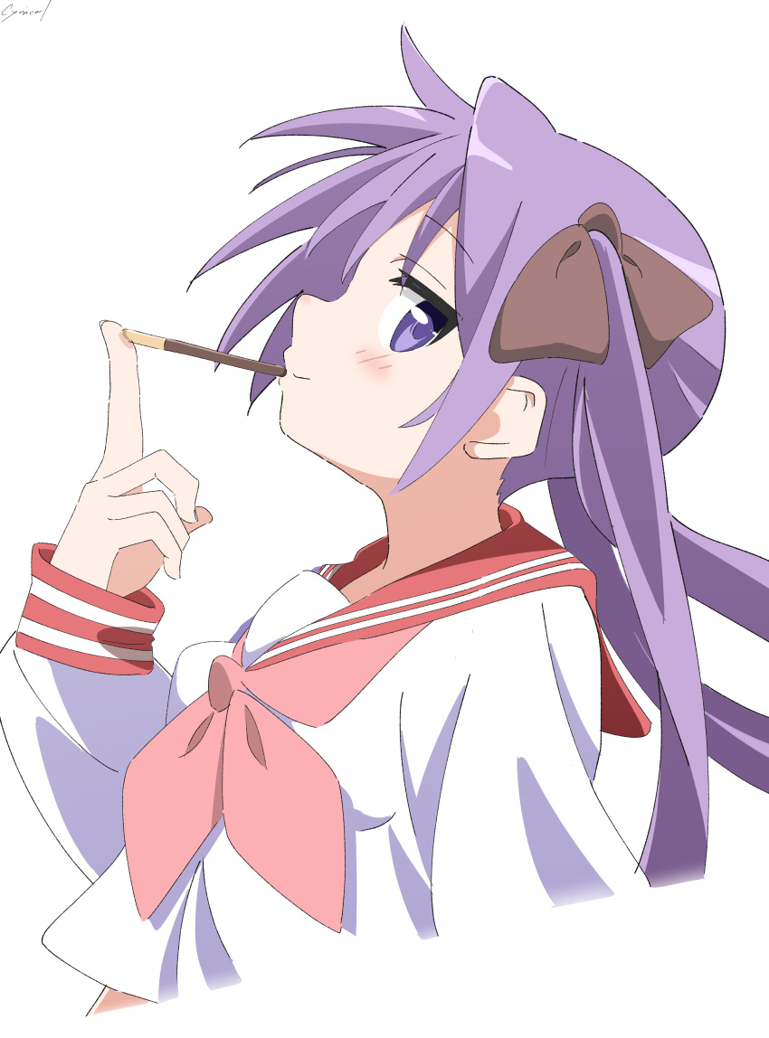 1girl absurdres blush bow commentary cynical_(llcbluckg_c004) food food_in_mouth from_side hair_bow highres hiiragi_kagami long_hair long_sleeves looking_at_viewer lucky_star neckerchief pocky pocky_in_mouth purple_hair red_neckerchief red_sailor_collar ryouou_school_uniform sailor_collar school_uniform shirt signature simple_background sleeves_past_wrists smile solo twintails upper_body violet_eyes white_background white_shirt
