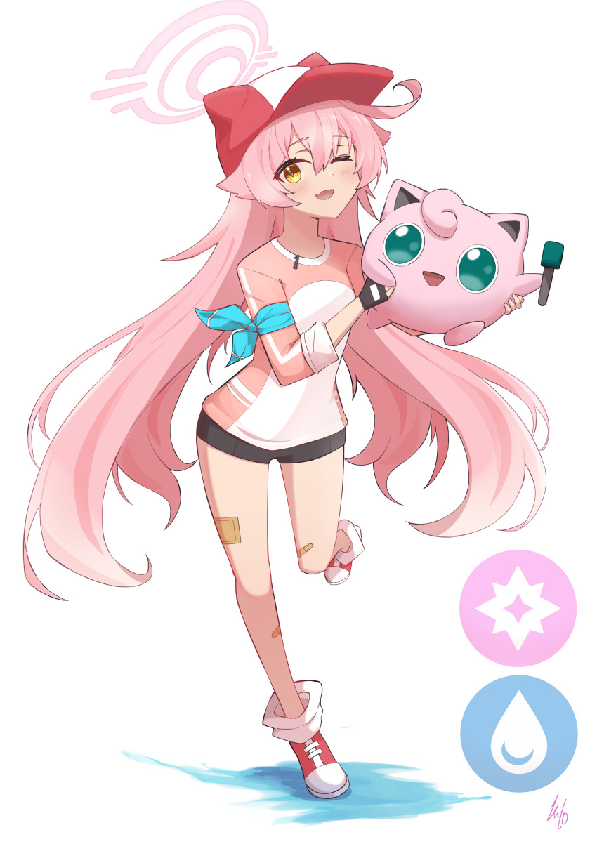 1girl absurdres ahoge black_shorts blue_archive blush crossover fang full_body highres hoshino_(blue_archive) jigglypuff long_hair one_eye_closed open_mouth pink_hair pokemon pokemon_(creature) red_footwear rikotch07 shirt shoes shorts simple_background skin_fang sleeves_past_elbows smile solo white_background white_shirt yellow_eyes