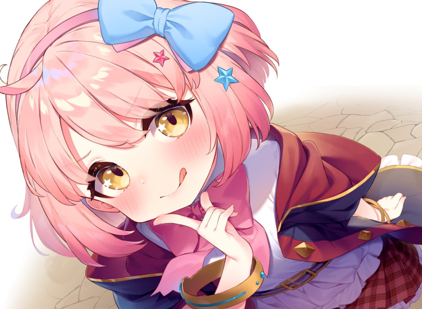 1girl :q ahoge belt black_coat blue_bow blush bow bowtie bracelet chieru_(princess_connect!) closed_mouth coat frills hair_bow hair_ornament hairband hand_up hood hooded_coat index_finger_raised jewelry looking_at_viewer pink_bow pink_hair pink_hairband plaid plaid_skirt princess_connect! red_skirt school_uniform shirt short_hair skirt smile solo split_mouth st._theresa's_girls_academy_school_uniform star_(symbol) star_hair_ornament star_in_eye symbol_in_eye tofu1601 tongue tongue_out yellow_eyes