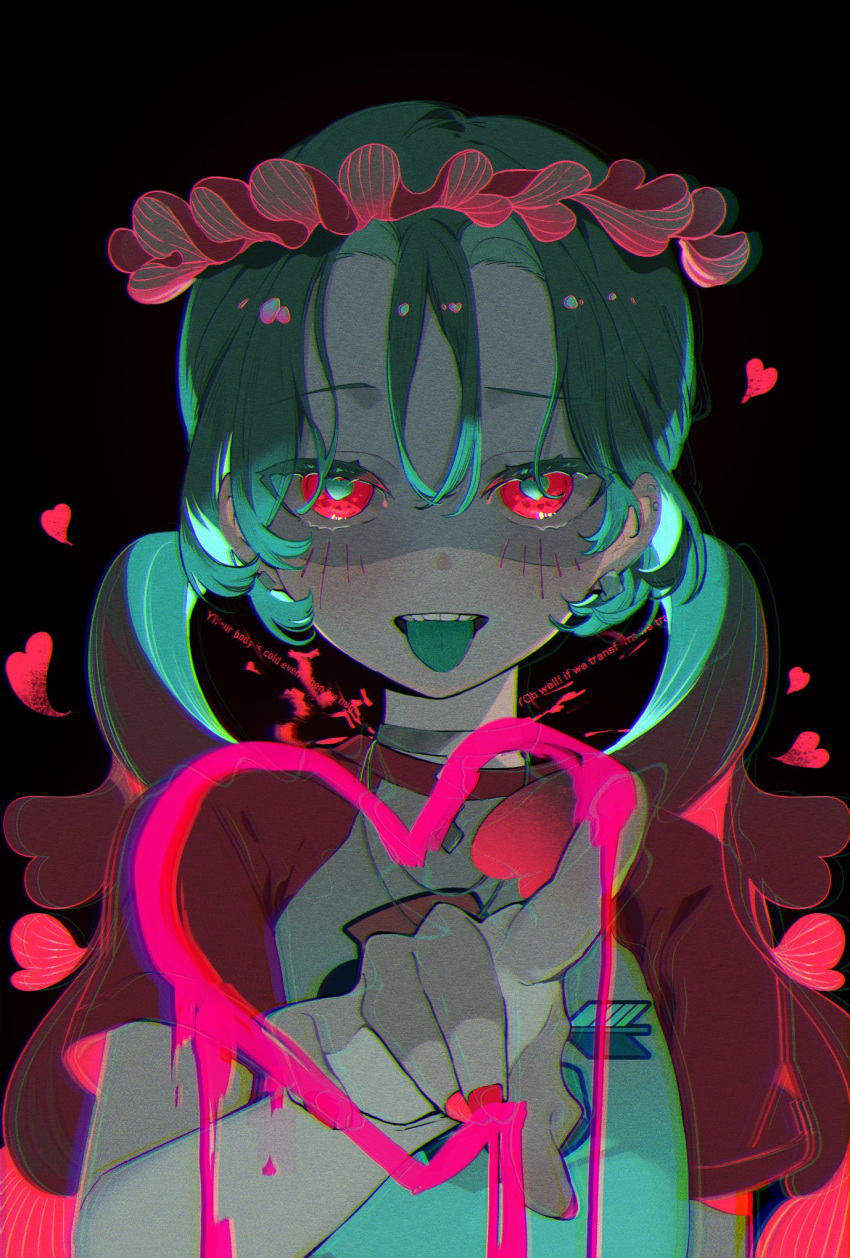 1girl aqua_hair black_background blue_tongue colored_skin colored_tongue commentary dot_nose drawn_heart earrings english_text falling_petals hair_between_eyes hair_ornament hair_over_shoulder hand_up hatsune_miku head_wreath heart heart-shaped_pupils highres index_finger_raised jewelry long_hair looking_at_viewer multicolored_hair necklace omutatsu open_mouth pale_skin petals pink_hair pink_sleeves print_shirt raglan_sleeves red_eyes scar scar_on_face shirt short_sleeves simple_background solo stitched_face stitches stud_earrings symbol-shaped_pupils teeth tongue tongue_out translated twintails upper_teeth_only zombie zombie_(vocaloid)