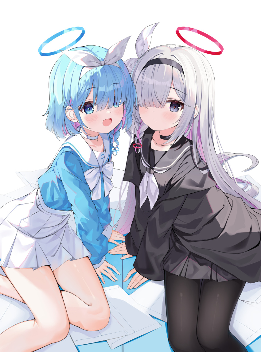 2girls :d absurdres arona_(blue_archive) black_hairband black_pantyhose black_sailor_collar black_serafuku black_shirt black_skirt blue_archive blue_hair blue_shirt bow braid closed_mouth commentary_request feet_out_of_frame fuyuki030 grey_eyes grey_hair hair_over_one_eye hair_ribbon hairband halo highres long_sleeves multicolored_hair multiple_girls neckerchief pantyhose pink_hair plana_(blue_archive) pleated_skirt puffy_long_sleeves puffy_sleeves ribbon sailor_collar school_uniform serafuku shirt single_braid skirt sleeves_past_wrists smile two-tone_hair white_background white_bow white_hairband white_neckerchief white_ribbon white_sailor_collar white_shirt