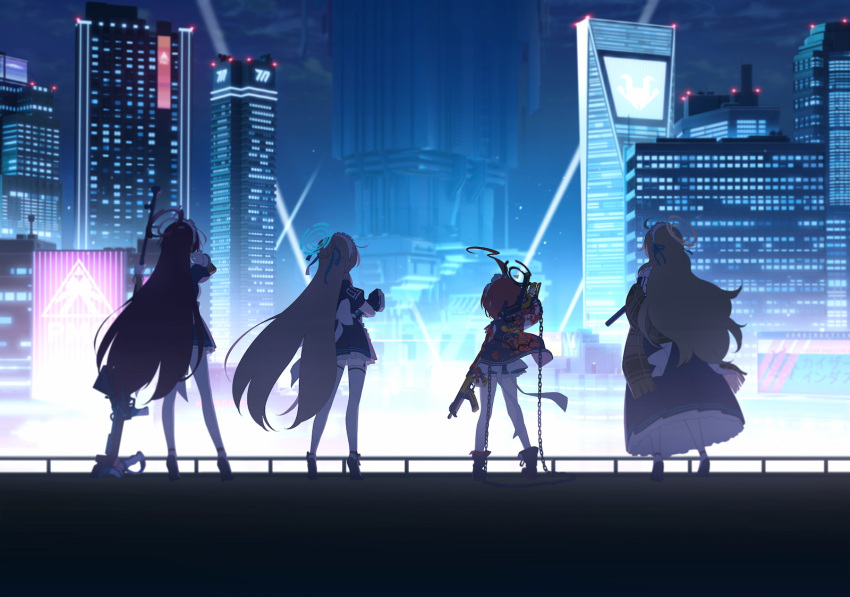 4girls akane_(blue_archive) asuna_(blue_archive) black_dress black_footwear black_hair blue_archive blue_ribbon brown_shawl building chain city_lights cityscape cleaning_&amp;_clearing_(blue_archive) dress dual_wielding facing_away from_behind full_body game_cg gun hair_ribbon halo high_heels highres holding holding_gun holding_weapon jacket karin_(blue_archive) light_brown_hair long_dress long_hair maid maid_headdress millennium_science_school_logo multiple_girls neru_(blue_archive) night non-web_source official_art orange_hair plaid_shawl ribbon rifle searchlight shawl short_dress short_hair sig_mpx skyscraper sniper_rifle standing submachine_gun sukajan thigh-highs very_long_hair weapon white_thighhighs