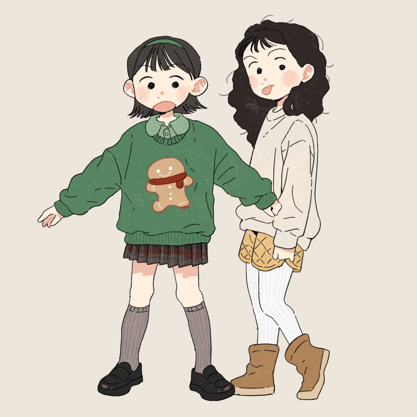 2girls :p black_footwear blunt_bangs blush_stickers boots brown_footwear clenched_hand from_side gingerbread_man green_hairband green_sweater grey_socks grey_sweater hairband highres kneehighs layered_clothes leggings long_hair long_sleeves mannerer62 messy_hair multiple_girls no_sclera open_mouth original outstretched_arms pleated_skirt short_hair shorts simple_background skirt socks straight-on surprised sweater tongue tongue_out white_leggings