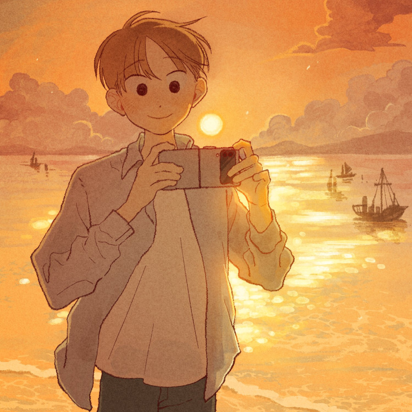 1boy boat brown_hair clouds cowboy_shot evening film_grain hands_up highres holding holding_phone layered_clothes long_sleeves looking_down mannerer62 ocean orange_sky original phone shirt shore short_hair sky skyline smile sunset watercraft white_shirt wing_collar