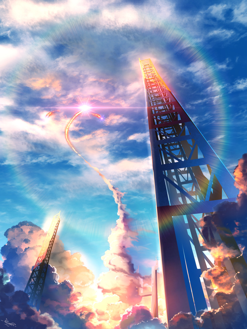 absurdres blue_sky clouds day highres launching no_humans original outdoors rocket scenery sky smile_(qd4nsvik) smoke sun