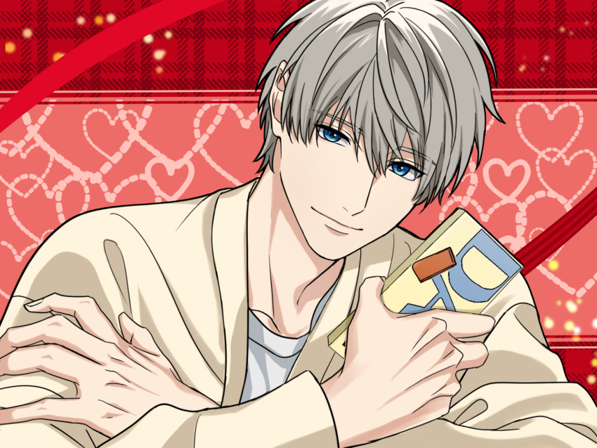 1boy blue_eyes brown_cardigan candy cardigan chocolate chocolate_bar collarbone dao_(daao_bf) food grey_hair heart heart_background holding holding_chocolate holding_food light_smile lips long_sleeves looking_at_viewer love_and_deepspace male_focus short_hair solo valentine xavier_(love_and_deepspace)