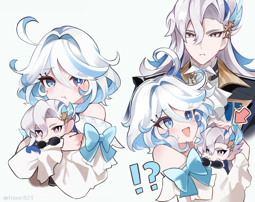 !? 1boy 1girl absurdres ahoge alternate_costume arrow_(symbol) artist_name ascot bare_shoulders black_jacket blue_bow blue_eyes blue_hair blush bow chaena_(exmd3552) character_doll closed_mouth collared_jacket diamond-shaped_pupils diamond_(shape) doll dress drop-shaped_pupils eyelashes feather_hair_ornament feathers furina_(genshin_impact) genshin_impact gold_trim hair_ornament heterochromia highres hug hugging_doll hugging_object jacket long_hair long_sleeves looking_at_another looking_at_viewer looking_down mismatched_pupils multicolored_hair neuvillette_(genshin_impact) no_headwear off-shoulder_dress off_shoulder open_clothes open_jacket open_mouth pointy_ears puffy_long_sleeves puffy_sleeves shirt short_hair sidelocks standing sweatdrop symbol-shaped_pupils teeth two-tone_hair upper_body violet_eyes white_ascot white_dress white_hair white_shirt