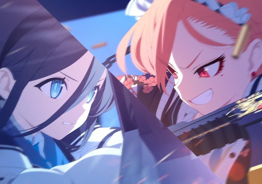 2girls aris_(blue_archive) black_hair blue_archive blue_eyes chain clenched_teeth close-up earrings from_side game_cg grin gun highres holding holding_gun holding_weapon jacket jewelry long_sleeves maid_headdress mole mole_under_eye motion_blur multiple_girls neru_(blue_archive) non-web_source official_art open_clothes open_jacket open_mouth orange_hair parted_lips red_eyes shell_casing sig_mpx smile sparks split_screen stud_earrings submachine_gun sukajan teeth v-shaped_eyebrows weapon
