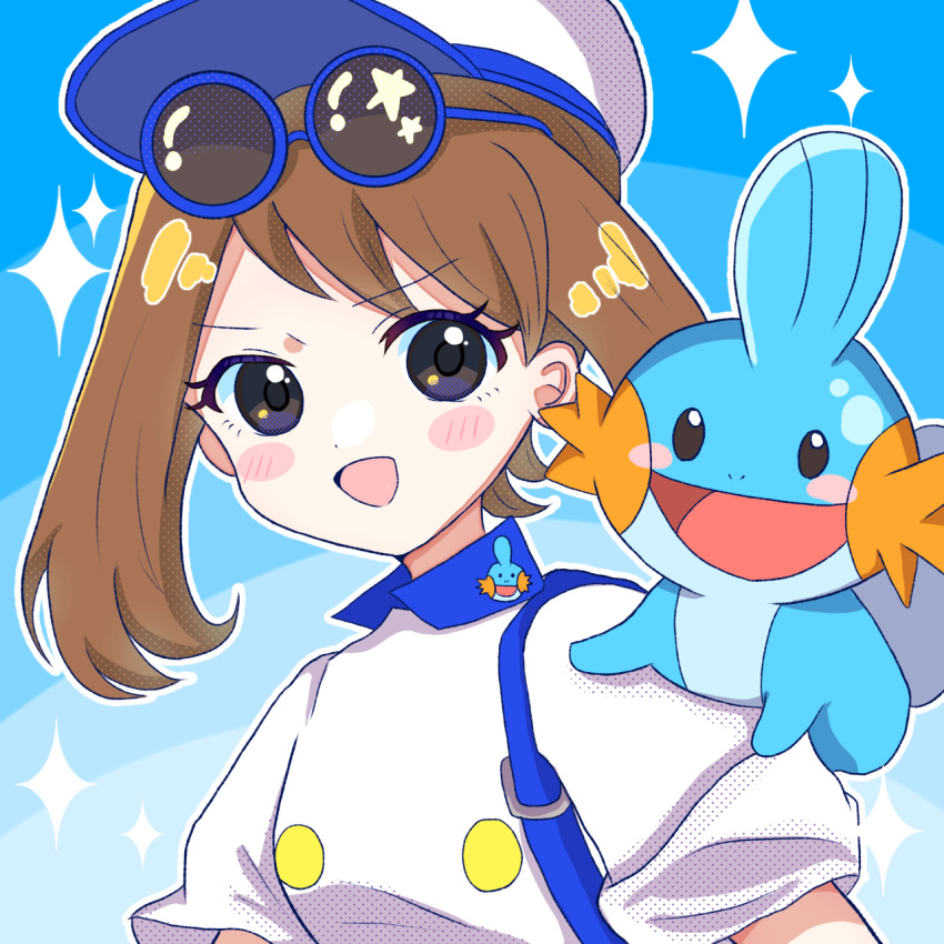 1girl 3656_chan :d alternate_costume blue_background blush_stickers brown_hair buttons commentary_request happy hat highres jacket may_(pokemon) mudkip on_shoulder open_mouth outline pokemon pokemon_(creature) pokemon_on_shoulder pokemon_rse round_eyewear short_sleeves smile sparkle sunglasses upper_body white_headwear white_jacket