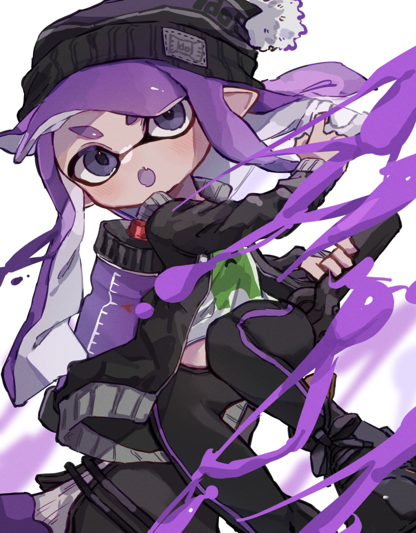 1girl beanie black_footwear black_headwear black_leggings commentary_request hat highres holding holding_weapon ink_tank_(splatoon) inkling_girl inkling_player_character leggings long_hair octobrush_(splatoon) open_mouth pointy_ears print_shirt purple_hair shirt shoes solo splatoon_(series) tentacle_hair thick_eyebrows v-shaped_eyebrows violet_eyes weapon white_background white_shirt yksb_inc6