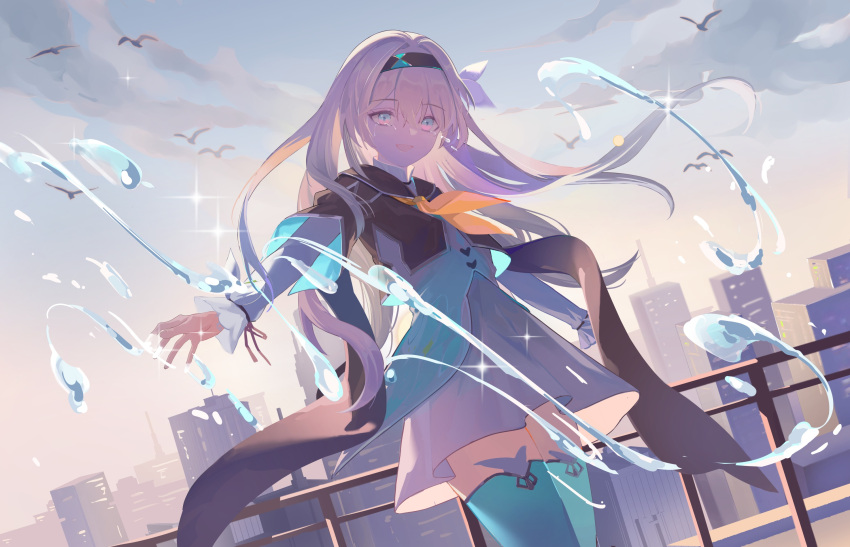 1girl black_cape black_hairband black_jacket blue_thighhighs cape city clouds collared_shirt cowboy_shot cropped_jacket day dutch_angle firefly_(honkai:_star_rail) floating_hair grey_skirt hair_intakes hairband highres honkai:_star_rail honkai_(series) jacket long_hair long_sleeves looking_at_viewer neckerchief orange_neckerchief otowa outdoors outstretched_arm pleated_skirt railing shirt simple_bird skirt solo sparkle thigh-highs water white_shirt zettai_ryouiki