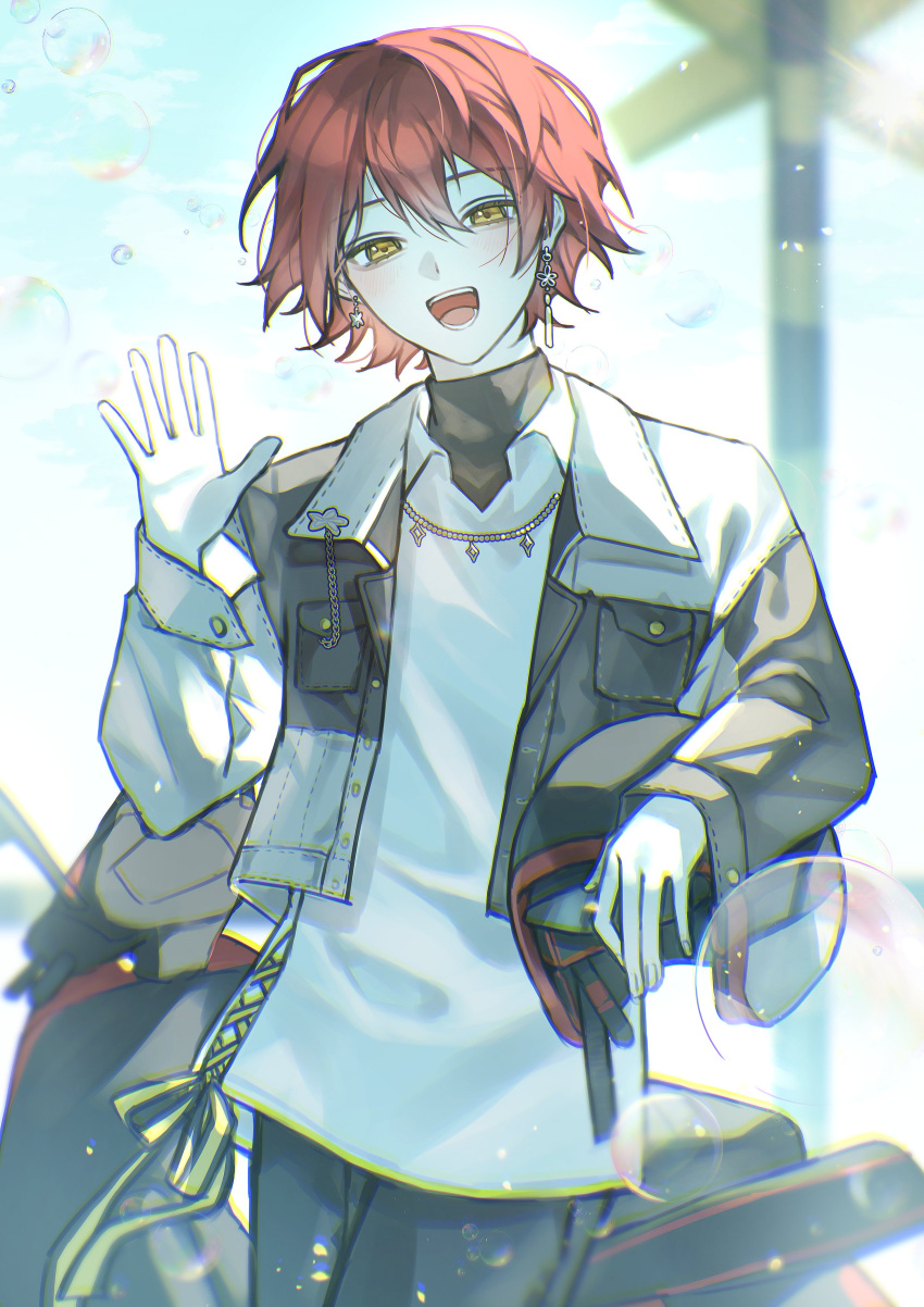 1boy absurdres blue_sky blush bubble collared_shirt cropped_jacket earrings hair_between_eyes hanasaki_miyabi highres holostars jacket jewelry light_particles looking_at_viewer male_focus moped motor_vehicle open_clothes open_jacket open_mouth outdoors redhead shirt simple_background sky smile solo standing virtual_youtuber yellow_eyes yu_yu_(yuyuuuu99550771)