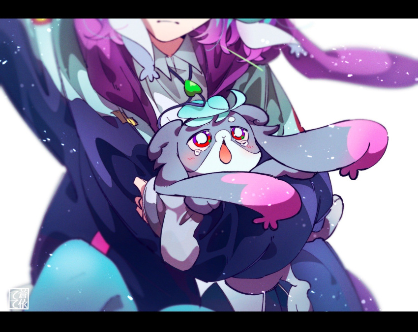 1girl 2girls animal aoi_tete aqua_pantyhose arm_up artist_logo blue_jacket bolo_tie closed_mouth collared_shirt frown head_out_of_frame highres holding holding_animal hood hood_down hooded_jacket jacket letterboxed long_sleeves medium_hair multicolored_clothes multicolored_jacket multiple_girls pantyhose precure_all_stars_f preme_(precure) puca_(precure) purple_hair shirt sitting solo tearing_up white_shirt wind wing_collar